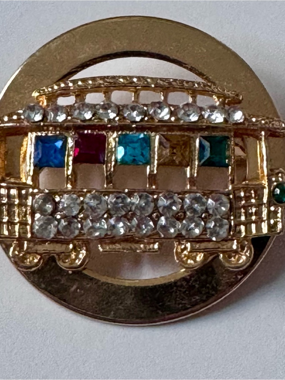 Gold-Tone Rhinestone Bus Brooch with Multicolor Stones